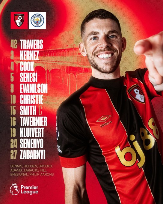 AFC Bournemouth: Travers, Kerkez, Cook, Senesi, Evanilson, Christie, Smith, Tavernier, Kluivert, Semenyo, Zabarnyi.Subs: Dennis, Huijsen, Adams, Araujo, Hill, Enes Unal, Philip, Aarons.